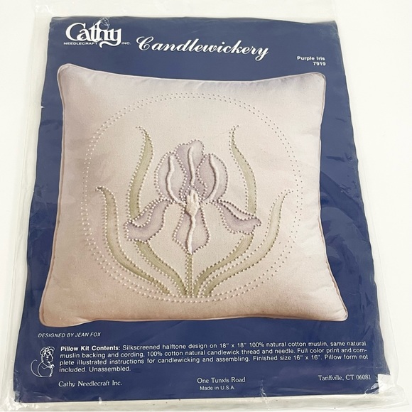 Vintage Cathy Needlecraft Candlewickery Embroidery Kit Purple Iris Pillow Case - Picture 2 of 6